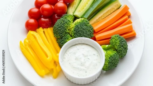A plate is filled with fresh, colorful raw vegetables arranged artfully around a small bowl of white dipping sauce