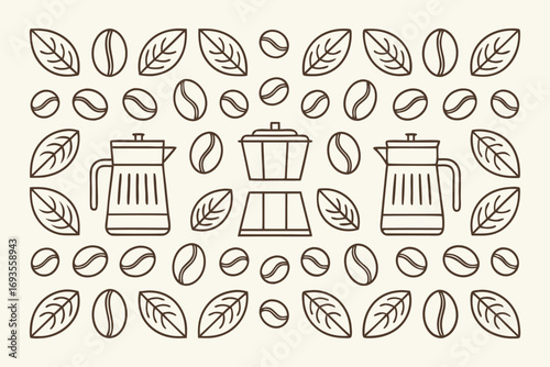Coffee brewing equipment and beans pattern on beige background