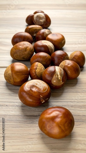 Group of chestnuts on wooden surface