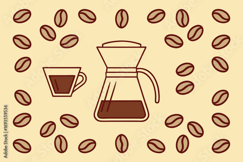 Coffee cup and pour-over brewer surrounded by coffee beans