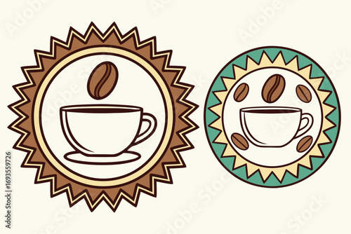 Coffee cup emblems with coffee beans Keywords: coffee, coffee cup, coffee bean, emblem, badge