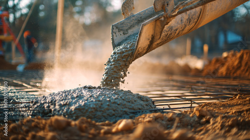 Pouring concrete from a truck onto a rebar grid at a construction site during the day