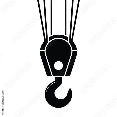 Black silhouette of a crane hook and pulley system