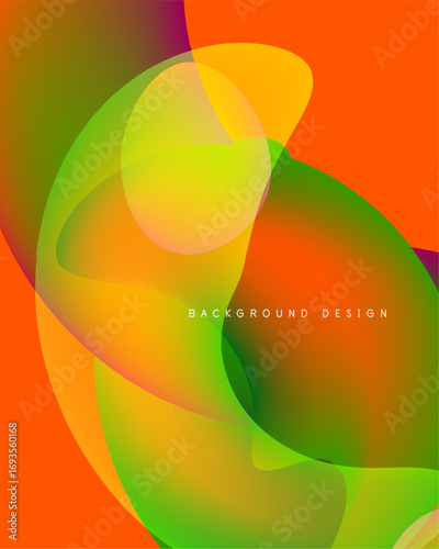Abstract vibrant shapes overlap. Orange, green, yellow hues blend smoothly creating dynamic visual effect. Modern design element.