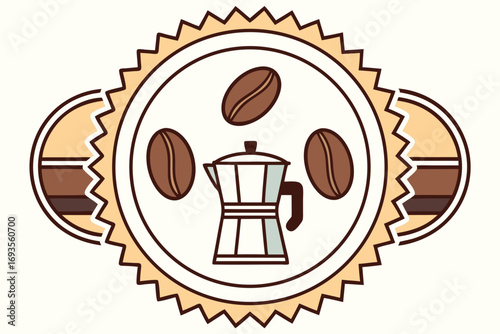 Coffee Maker and Beans in a Decorative Emblem moka pot