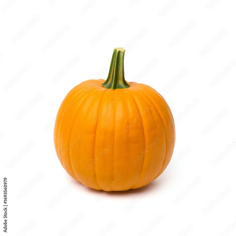 Obraz premium A single bright orange pumpkin with a green stem on a white background