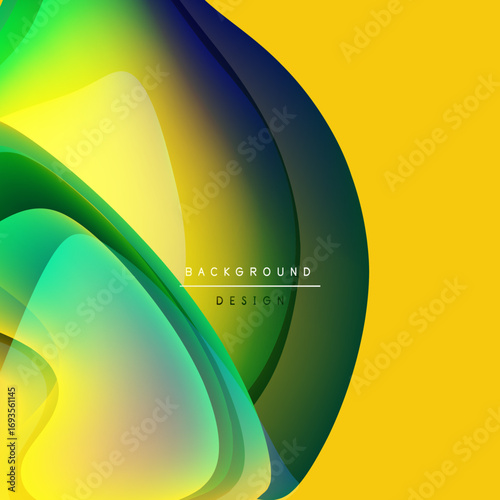 Abstract yellow, green layers create dynamic flow. Modern design elements suggest movement, depth. Minimal text present.