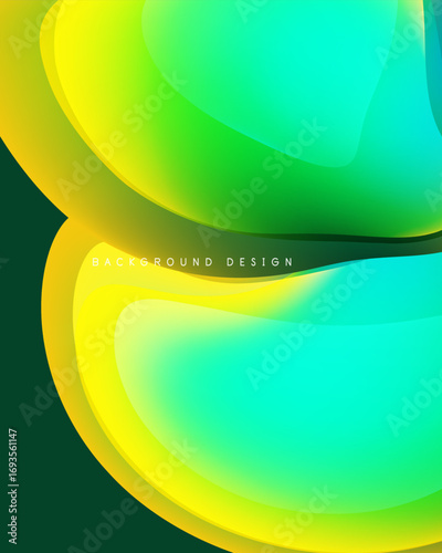 Abstract background features vibrant yellow, green hues. Overlapping shapes create dynamic visual effect. Modern design elements present.
