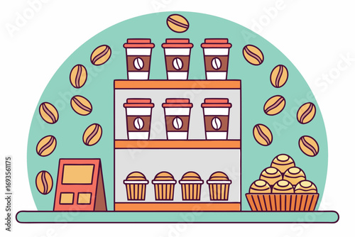 Coffee shop display with cups and pastries coffee cup