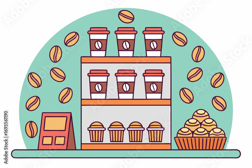 Coffee shop display with cups and pastries coffee cup