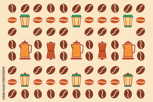 Coffee themed pattern with cups and pots beans coffee beans