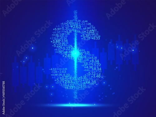 Financial Technology with Futuristic Us Dollar Symbol Digital digits numbers moving light blue effect on dark blue background vector design concept. Abstract Us Dollar Symbol for finances, banking.
