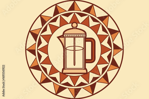 French press coffee maker in decorative circle brewing