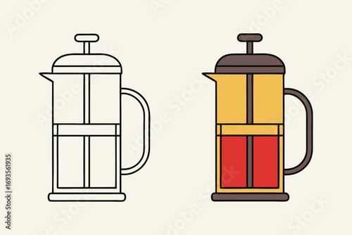 French press coffee maker outline and filled coffee pot