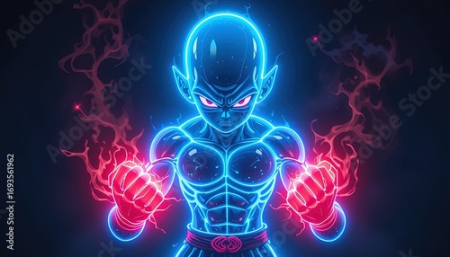 A powerful, stylized figure radiates vibrant neon colors, showcasing intense energy.