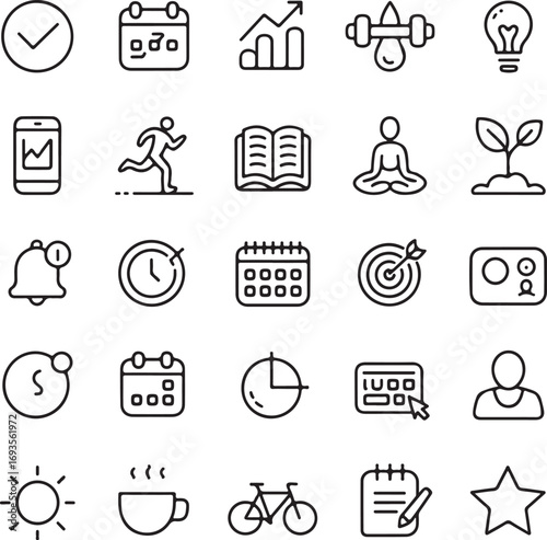 Collection of black outline icons representing daily life and productivity check mark calendar