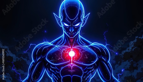 A powerful, stylized figure radiates vibrant blue and red energy, showcasing intricate details in a dramatic, dark backdrop.