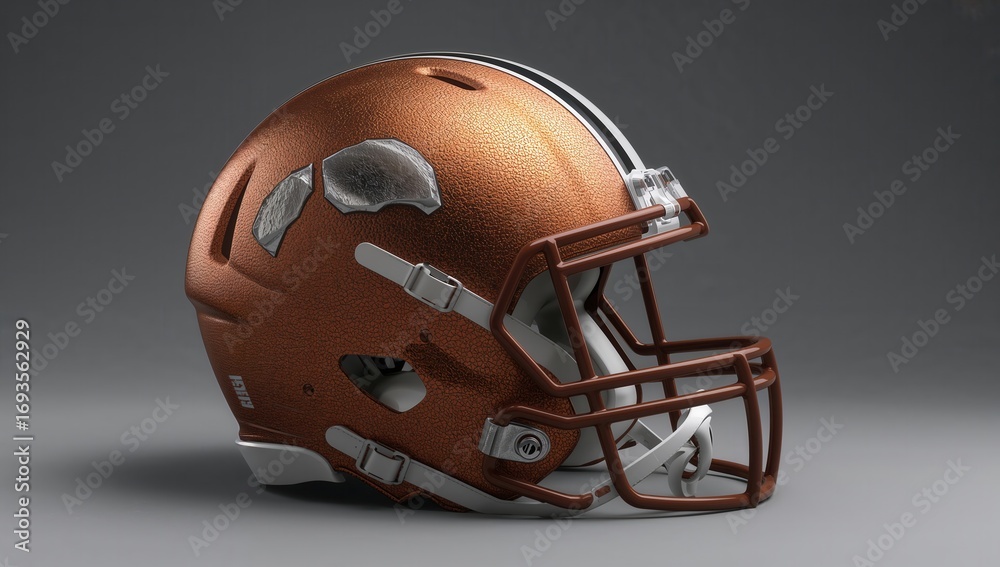 Fototapeta premium A close-up of a metallic football helmet with a textured surface, showcasing its shiny and reflective bronze color against a dark backdrop