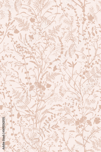 Seamless pattern with vertical twisting herbal vines. Vector botanical illustration. Delicacy dusty pink natural background with silhouettes of flowers and herbs.