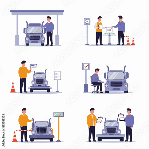Commercial Truck Inspection and Logistics Operations: A Flat Design Illustration Set Depicting Vehicle Safety Checks, Maintenance, and Documentation Processes.