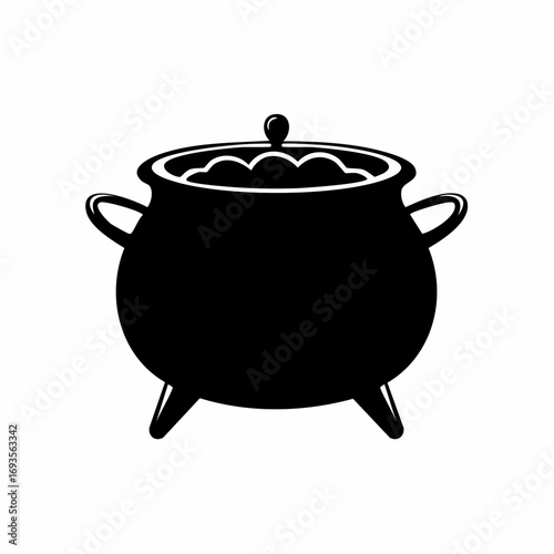 A simplistic black silhouette of a cauldron with a bubbling brew, perfect for Halloween or magical themes