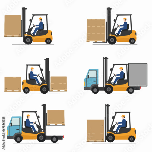 Illustrations of forklift trucks, workers, and delivery vehicles for logistics, storage, shipping, and supply chain management concepts.
