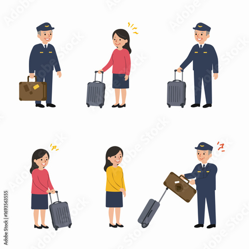 Airline pilot assisting passengers with their luggage, showcasing various travel scenarios and customer service interactions in airport settings.
