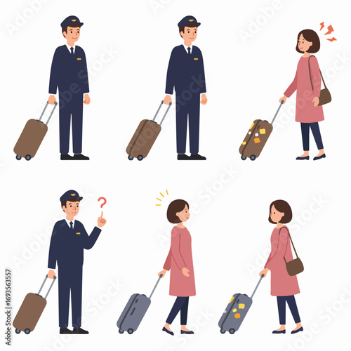 Cartoon illustration set of airport or train station staff assisting happy travelers with their luggage, depicting travel and customer service scenarios.