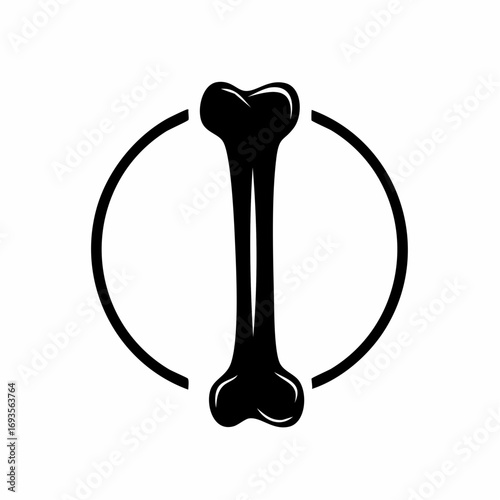 A stylish monochrome image featuring a bone icon. The bone is centered inside a circle, creating a graphic design