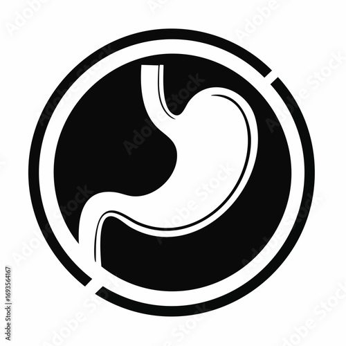 Anatomical illustration of the stomach in a black and white circular design