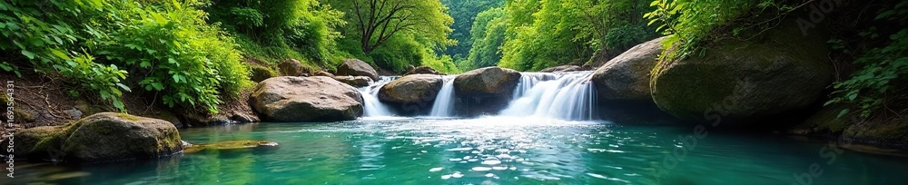 Fototapeta premium Crystal clear water cascading down a verdant hillside, sunlight illuminating the flowing stream and lush greenery A picturesque scene of natural beauty , lush, water droplets