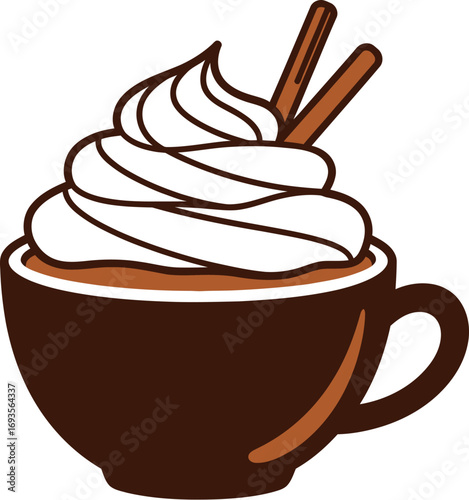 Hot chocolate with whipped cream and cinnamon sticks in a brown mug illustration