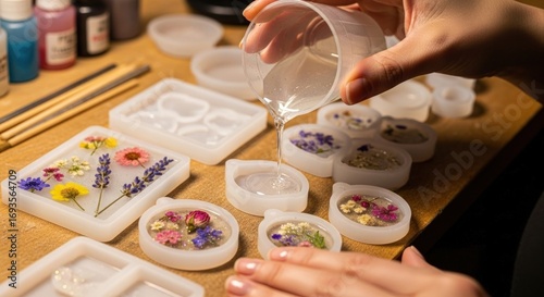 A crafter pours clear liquid resin into silicone molds filled with colorful dried flowers to create handmade jewelry.