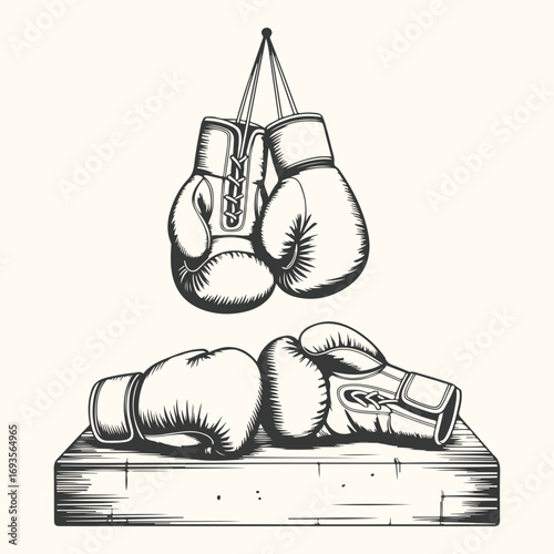 Vector art of vintage boxing gloves hanging and resting on a wooden surface