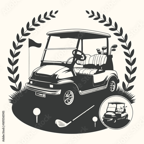 Vector art of golf cart illustration with golf course elements and laurel wreath