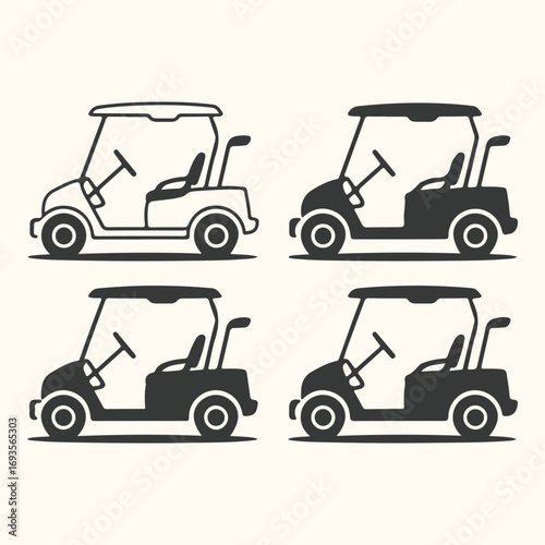 Vector art of four golf carts, two outlined and two solid black, arranged in a 2x2 grid