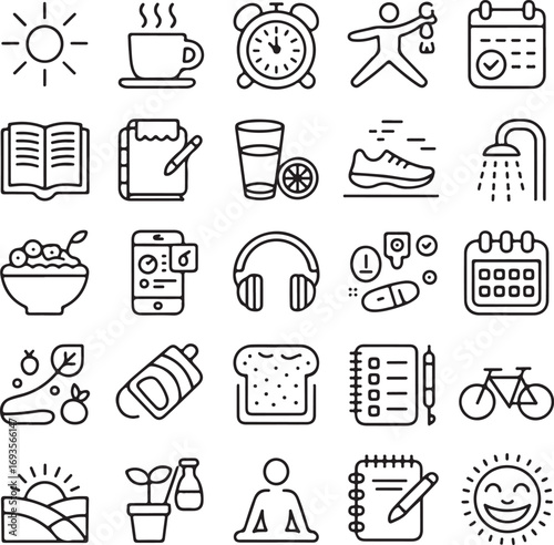 Collection of line art icons representing daily routine and healthy lifestyle coffee cup alarm clock
