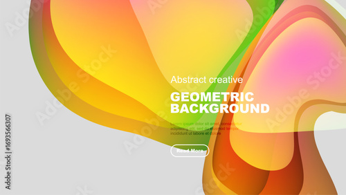 Fluid shapes blend vibrant colors. Dynamic composition creates modern abstract background. Text overlay present, button visible.