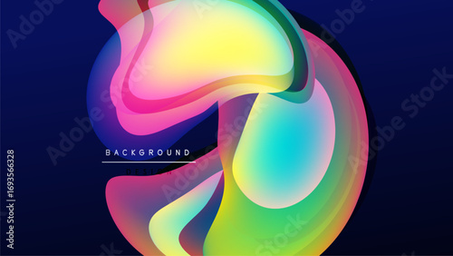 Abstract colorful fluid shapes overlap, creating vibrant gradients. Dark background emphasizes bright hues, modern design element.