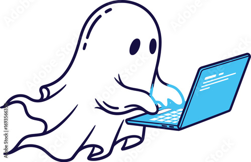 Cartoon ghost using a laptop computer for spooky online activities and communication