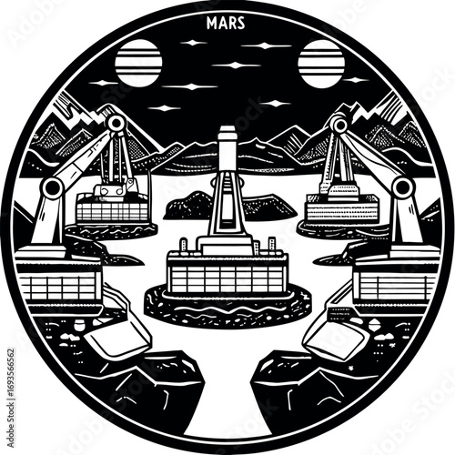 Robotic construction on mars landscape with moons planet robots