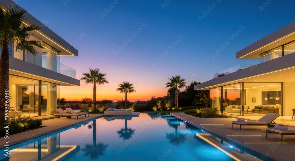 Fototapeta premium Luxurious Modern Villas with Infinity Pool Reflecting a Vibrant Sunset Sky.