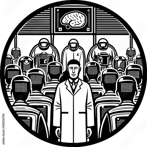 Doctor observing futuristic medical scan with masked figures hospital ward