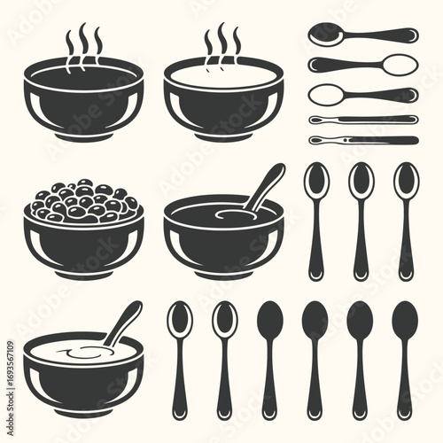 Vector art of collection of various bowls and spoons