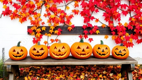 Row of carved halloween pumpkins on a wooden bench under autumn leaves