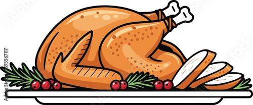 Roasted turkey with cranberries and rosemary garnish on a platter for thanksgiving