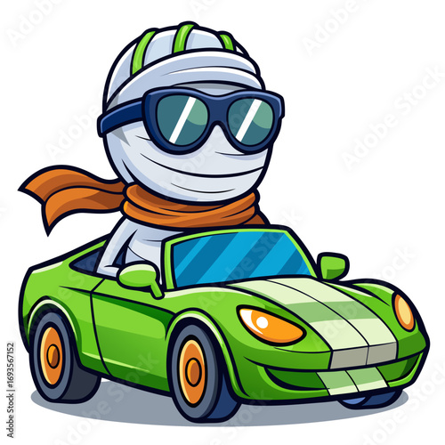 A cartoon-style mummy mascot riding in a green sports car, isolated on white backgound.