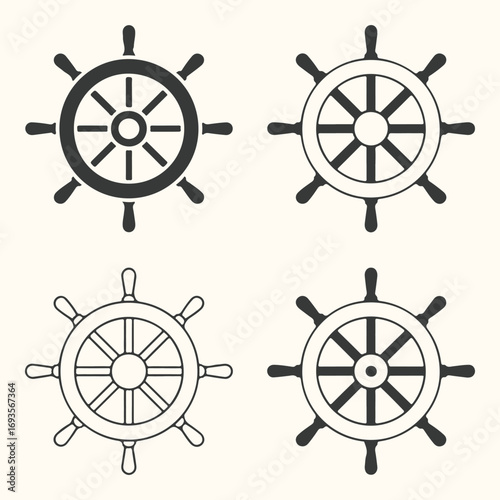 Vector art of four different ship steering wheels