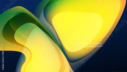 Abstract fluid shapes, vibrant yellow, green hues. Dynamic composition over dark background. Modern design element.