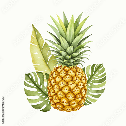 Delightful pineapple with watercolor tropical leaves evokes summer bliss and island vacation vibes